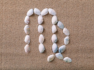 Fototapeta na wymiar Virgo Zodiac sign made of seashells on sand background