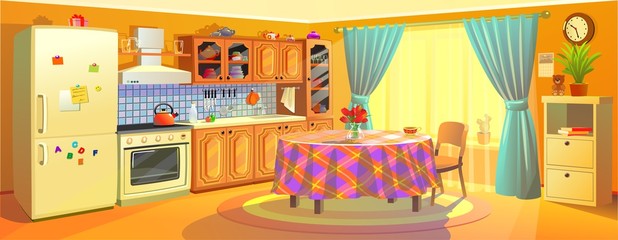 Vector cartoon interior of family kitchen. Vector illustration