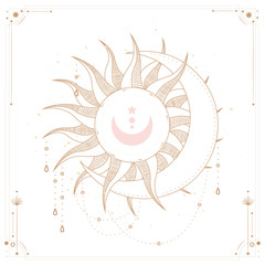 Fototapeta na wymiar Set of mystical and mysterious illustrations in hand drawn style. Minimalistic objects made in the style. boho style signs and symbols. outer space, moon, sun system. vector.