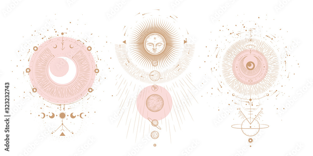 Wall mural set of mystical and mysterious illustrations in hand drawn style. minimalistic objects made in the s