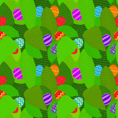 Motif pour Pâques d’œufs colorés dans un fond de feuilles tropicales 