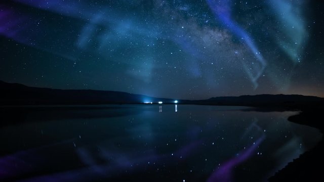 Aurora Borealis Reflected on Lake Milky Way Galaxy Time Lapse Simulated Northern Lights