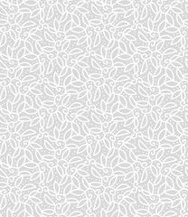 A white botanical linear ornament seamless vector pattern on a grey background. Decorative surface print design in light colors.