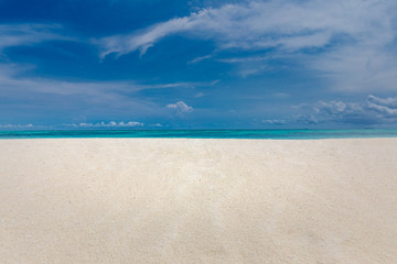 Fototapeta na wymiar Sea sand sky concept. Beautiful travel landscape, exotic tropical scenery. Amazing, tranquil, peaceful beach landscape, white sand, blue sky
