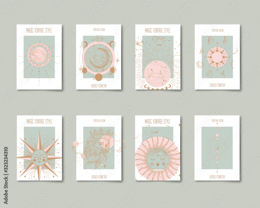Wall mural set of mystical and mysterious illustrations in hand drawn style. minimalistic objects made in the s