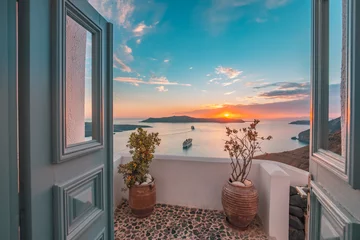 Printed kitchen splashbacks Romantic style Amazing evening view of Santorini island. Picturesque spring sunset on the famous Greek resort Fira, Greece, Europe. Traveling concept background. Artistic style post processed photo. Summer vacation