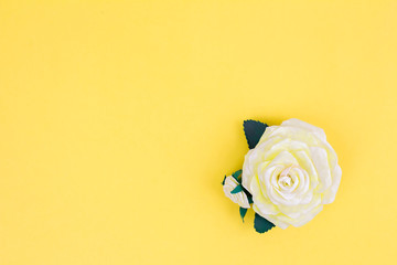 Soft yellow rose with a bud on a yellow background. Copy space. Flat lay. Minimal concept.