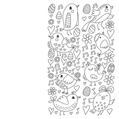 Gordijnen Pattern kids fabric, textile, nursery wallpaper. Vector illustration. Hand drawn singing birds and flowers for little children. © Anastasia