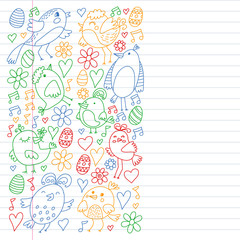 Pattern kids fabric, textile, nursery wallpaper. Vector illustration. Hand drawn singing birds and flowers for little children.