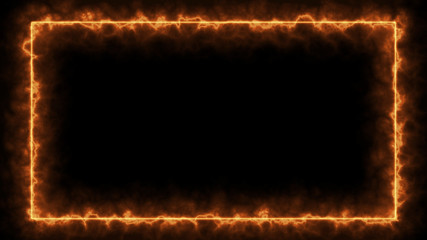 Empty frame with fire border glowing, burning flame signboard. Blank rectangle sign fire flames around frame lights. The best stock of photo image signboard orange fire burning on black background © jangnhut