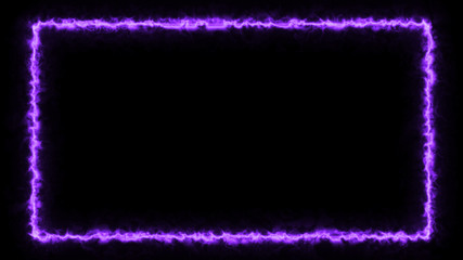 Empty frame with electric power round border glowing, burning flame sign. Blank rectangle fire with electric power around frame lights. The best stock photo image of purple, pink electric energy power