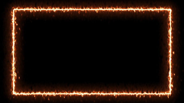 Empty frame with fire border glowing, burning flame signboard. Blank rectangle sign fire flames around frame lights. The best stock of photo image signboard orange fire burning on black background