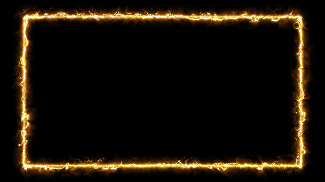 Empty frame with fire border glowing, burning flame signboard. Blank rectangle sign fire flames around frame lights. The best stock of photo image signboard yellow fire burning on black background