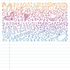 Brazilian vector pattern with palm, beach, firework. Brazil icons for posters and banners.