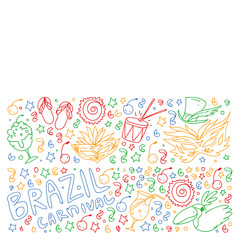Brazilian vector pattern with palm, beach, firework. Brazil icons for posters and banners.