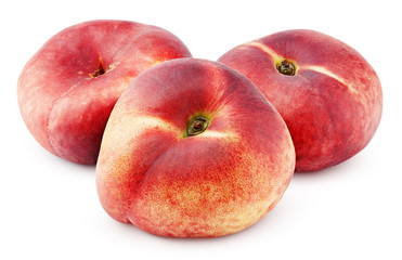 Three chinese flat donut peaches isolated on white background with clipping path. Full depth of field.