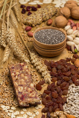 Balanced protein granola bar. Nuts, seeds, cereals