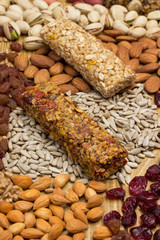Balanced protein granola bar. Nuts, seeds, cereals