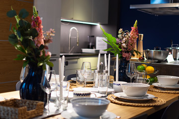 Table dishware decor for holiday dinner.