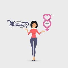Pretty Woman with Pink Happy International Women's Day Design Elements.International Women's day symbol.Vector illustration.Design for international women's day