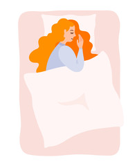 Girl sleeps in bed under a blanket curled up. Cute colorful character in cartoon style. Vector illustration with a woman sleeping on her side.