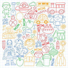 Kindergarten preschool school children. Kids drawing style vector pattern. Play grow learn together.