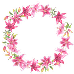 Obraz na płótnie Canvas Floral round wreath of pink lily flowers. Hand painted watercolor illustration. 