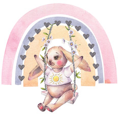 Cute toy bunny rabbit on the swing under the rainbow. Hand painted watercolor illustration. 