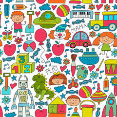Obraz premium Kindergarten preschool school children. Kids drawing style vector pattern. Play grow learn together.