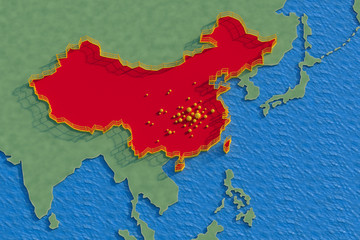 Partial map of the world showing republic of china isolated from the rest of the world by a fence or jail because of the coronavirus that is represented spreading from wuhan, concept 3d illustration