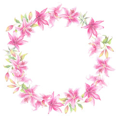 Fototapeta na wymiar Floral round wreath of pink lily flowers. Hand painted watercolor illustration. 