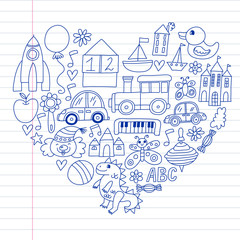 Vector pattern with children toys. Robot, rocket, horse, doll