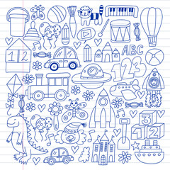 Vector pattern with children toys. Robot, rocket, horse, doll