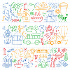 Vector pattern with children toys. Robot, rocket, horse, doll
