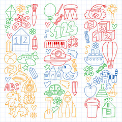 Vector pattern with children toys. Robot, rocket, horse, doll