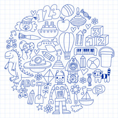 Vector pattern with children toys. Robot, rocket, horse, doll