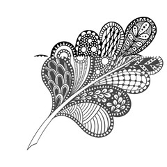Zen tangle feather, doodle sketch vector black and white illustration.