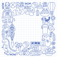 Vector pattern with children toys. Robot, rocket, horse, doll