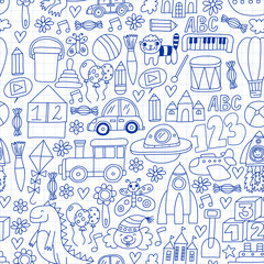 Vector pattern with children toys. Robot, rocket, horse, doll