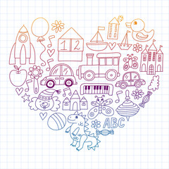 Vector pattern with children toys. Robot, rocket, horse, doll