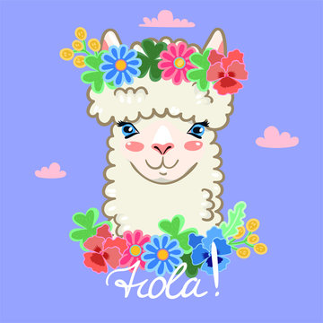 Llama head in a wreath of flowers. Lettering Hola. Vector graphics.