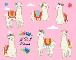 Set of llamas in spring floral wreaths. Vector graphics.