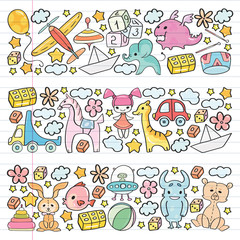 Vector pattern with children toys. Kindergarten elements in doodle style for little kids. Education, play, grow