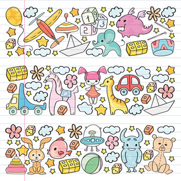 Vector pattern with children toys. Kindergarten elements in doodle style for little kids. Education, play, grow