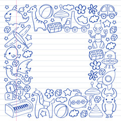 Vector pattern with children toys. Kindergarten elements in doodle style for little kids. Education, play, grow