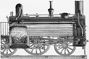 Fototapeta na wymiar Longitudinal section of a steam locomotive. Antique illustration. 1883.