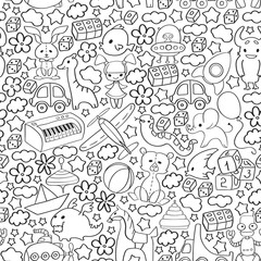 Vector pattern with children toys. Kindergarten elements in doodle style for little kids. Education, play, grow
