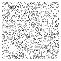 Vector pattern with children toys. Kindergarten elements in doodle style for little kids. Education, play, grow © Anastasia
