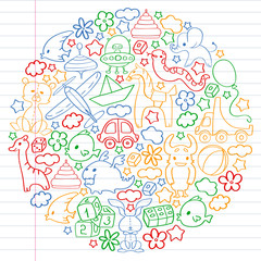 Vector pattern with children toys. Kindergarten elements in doodle style for little kids. Education, play, grow