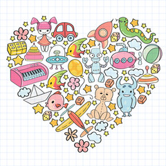Vector pattern with children toys. Kindergarten elements in doodle style for little kids. Education, play, grow